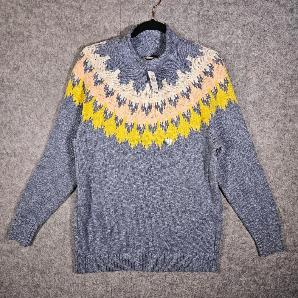 LL Bean Womens Cotton Ragg Sweater Fair Isle Funnelneck Nordic Cozy Sz XL Reg